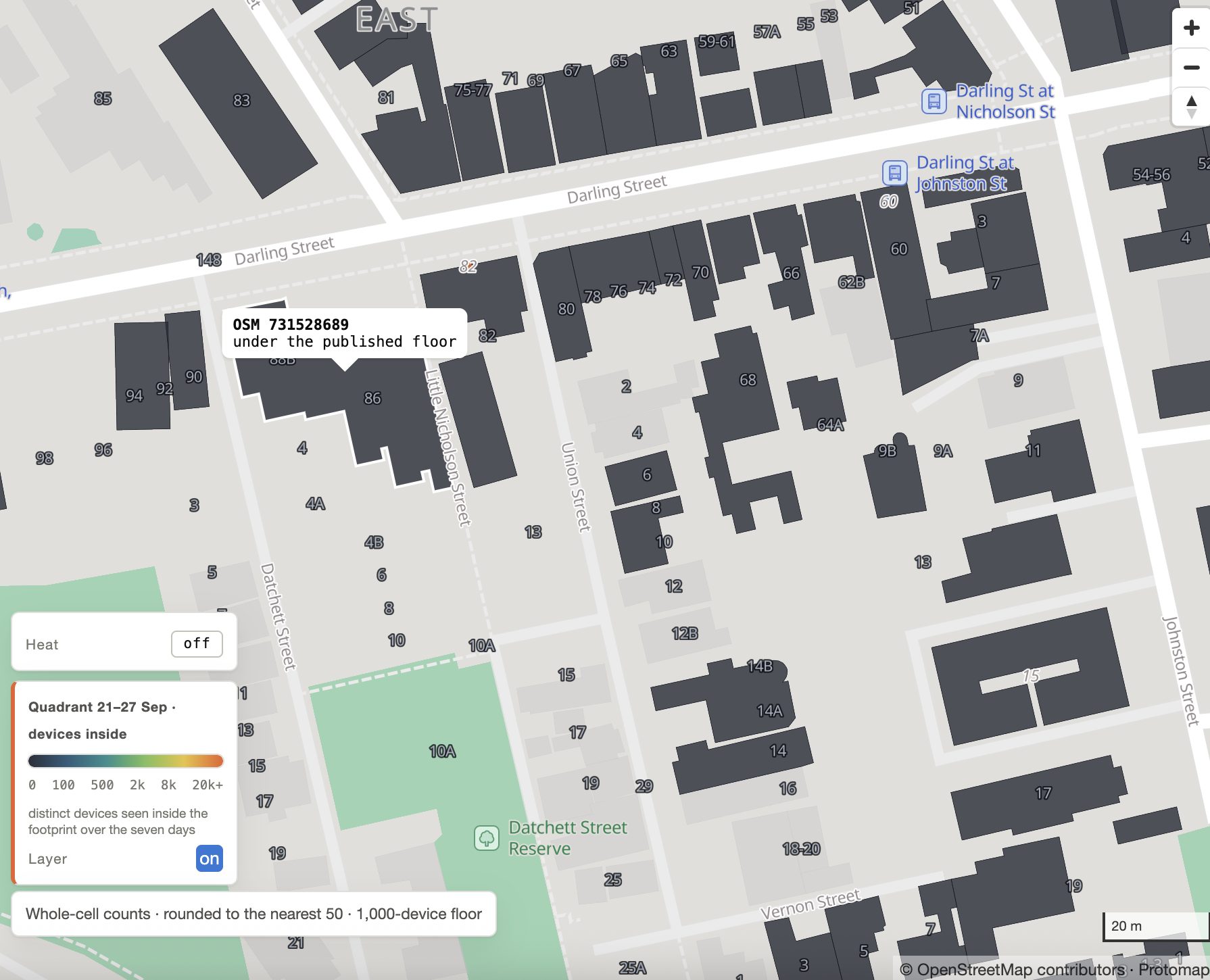 The Haliom map showing individual buildings coloured by visitor numbers